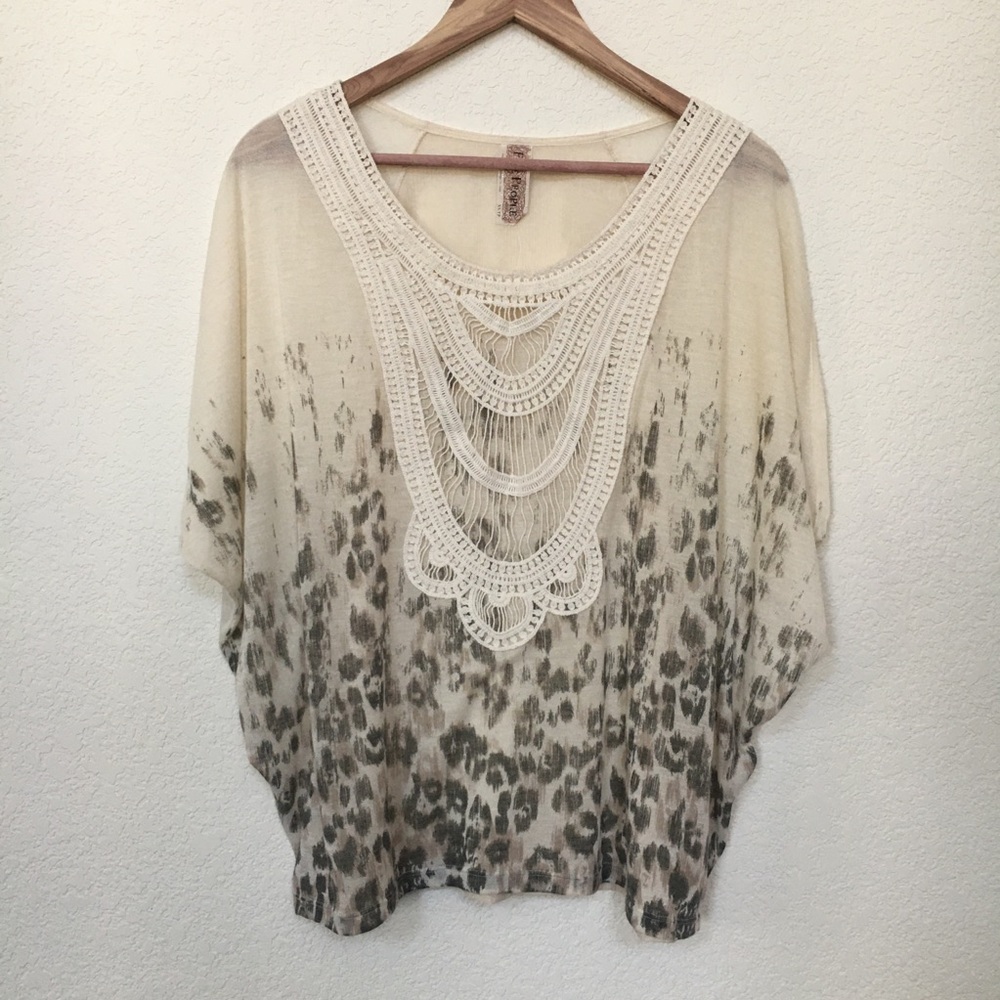 NWOT Free People Cream Leopard Crochet Detail Top